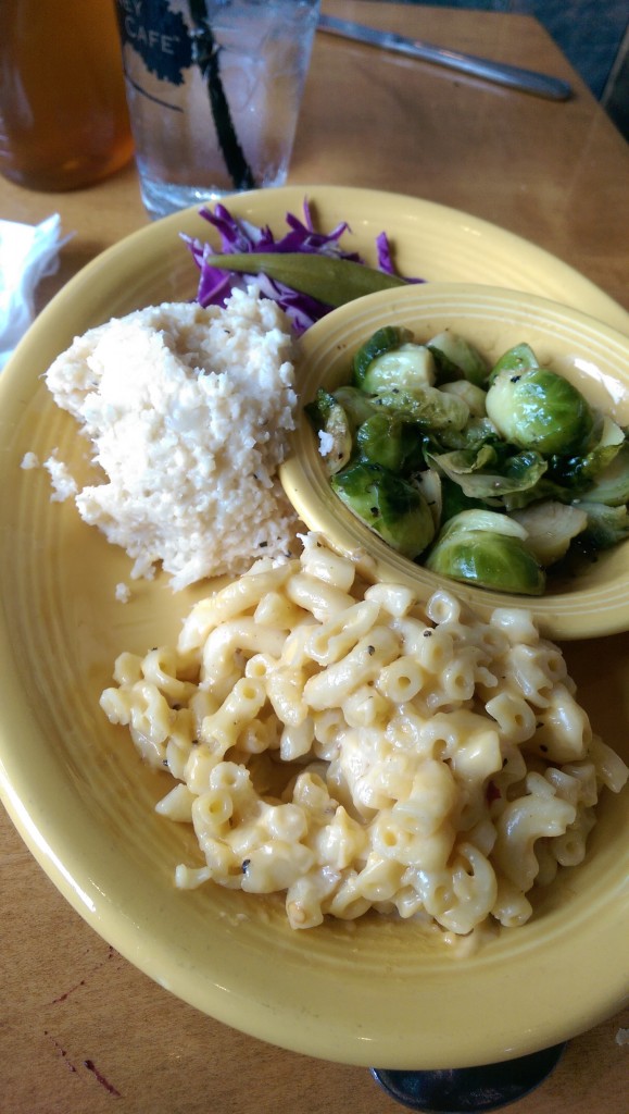 Veggie plate with smashed cauliflower, brussels, and mac &amp; cheese. Pretty good choice, if you ask me!